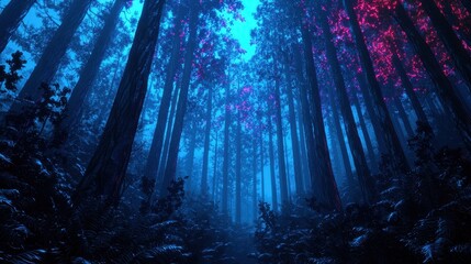 Enchanted Forest with Mystical Blue and Pink Lighting Effects