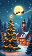 Obraz premium A stunning winter landscape captures Santa Claus soaring through the night sky in his sleigh, pulled by reindeer, against a glowing full moon. Below, a beautifully decorated Christmas tree stands tall
