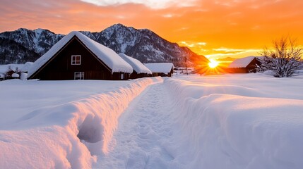 Snowy village at sunset. Warm colors, peaceful scene.