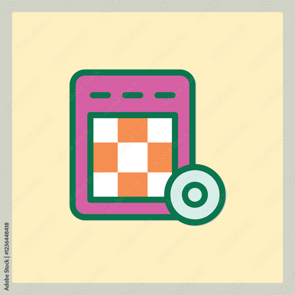 Poster stylized lottery icon with checkered grid pattern and a spinning disc element
