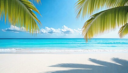 Peaceful coastal scene with white sand and turquoise waves framed by palm fronds