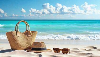 Serene coastal arrangement of straw bag, hat, and beach accessories on soft sand