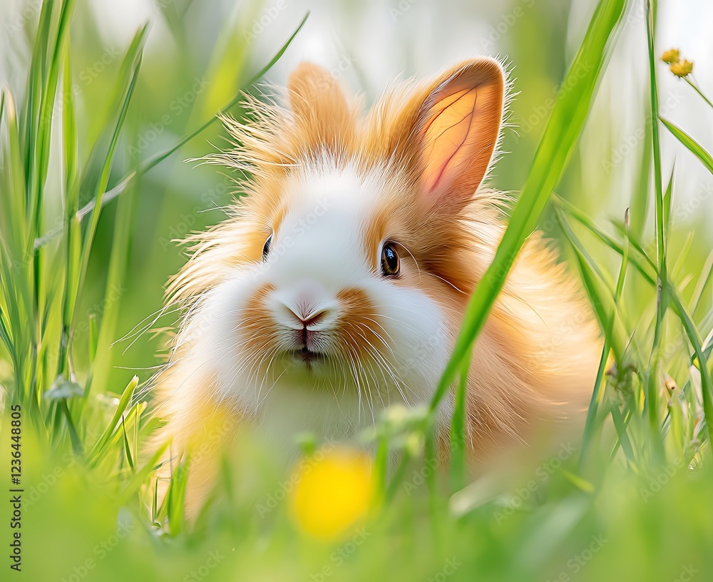 Wall mural Fluffy rabbit sitting in lush green grass with wildflowers around