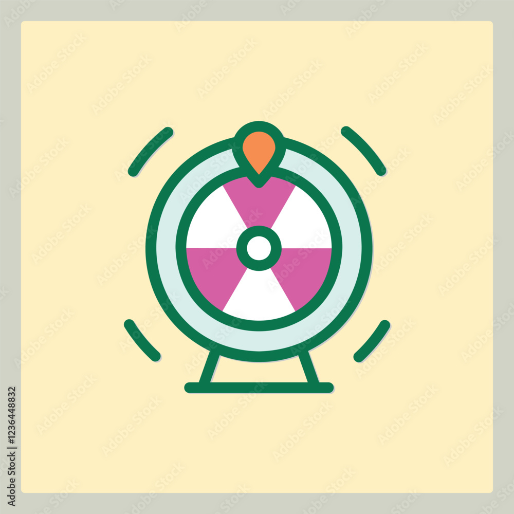 Poster a colorful spinning wheel icon with a pointer for games or random prize selections