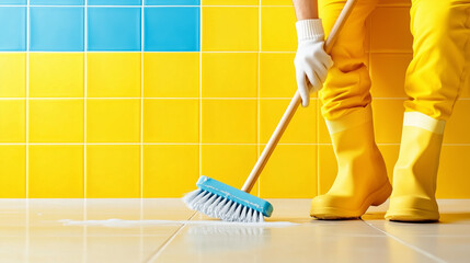 A person in yellow rubber boots is scrubbing a tiled floor with a broom. The colorful blue and yellow tiles create a cheerful atmosphere in the clean workspace