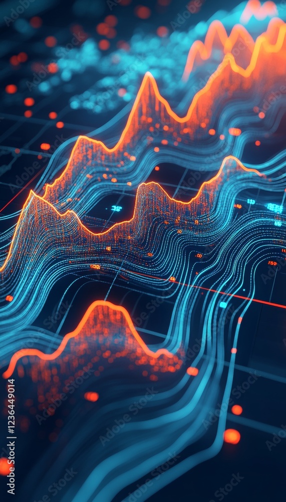 Poster fluid line graphs with glowing data points, digital connectivity, technology background