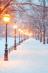 snowy park pathway lined with glowing streetlamps and bare trees, softly illuminated amidst falling snow, enchanting and nostalgic mood