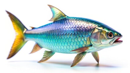 Obraz premium Macro tilt-shift photography reveals a vibrant tarpon, isolated on white, showcasing its aquatic wildlife detail.