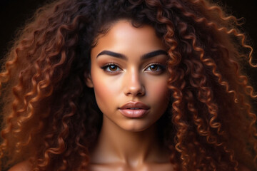 Fototapeta premium young woman with long curly dark brown hair looking confident
