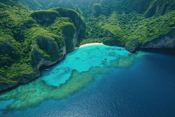 Stunning view of tropical bay with turquoise waters and lush green cliffs at midday