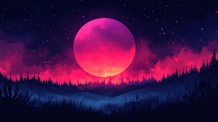 Naklejka premium Pink moonrise over silhouetted forest, night sky