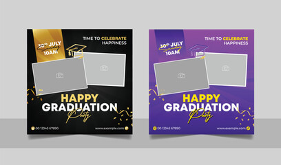 Graduation event greeting social media post education celebration square flyer wishes banner template with photo frame design set