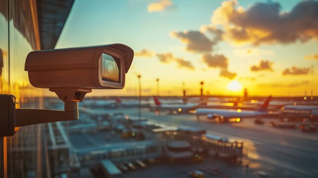 Security camera mounted on airport building exterior overlooking planes at sunset.