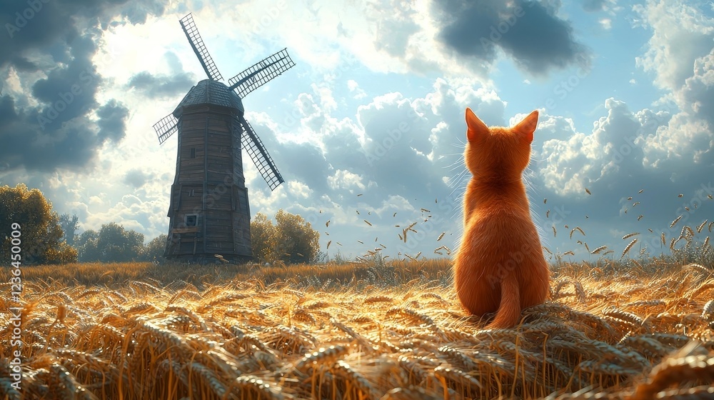Poster scenic rustic windmill in wheat field under partly cloudy sky with swaying crops