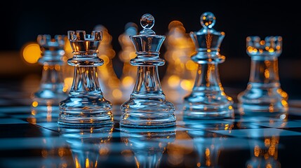 Close-up of transparent glass chess pieces on a board, illuminated with warm and cool light.