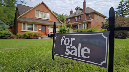 Fototapeta premium Two-Story Brick Houses with 'For Sale' Sign on Green Lawn, Emphasizing Suburban Real Estate Market