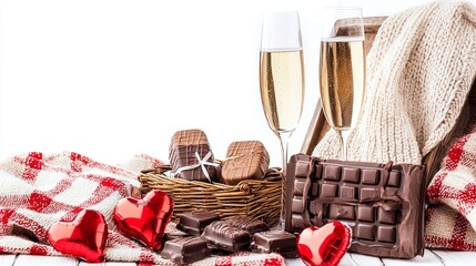 Valentines picnic set with chocolates, champagne flutes, heart-shaped balloons, and a soft blanket, isolated on a pure white background