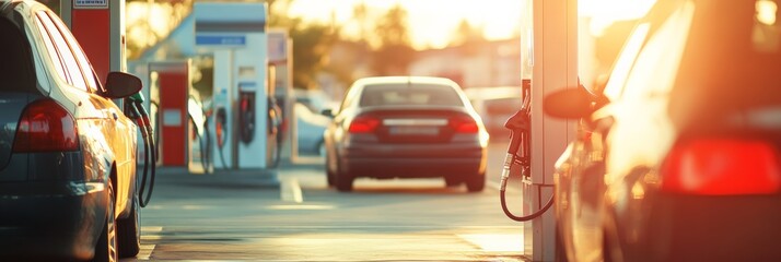 Blurred cars refueling at a gas station during a stunning golden hour sunset, creating a warm and inviting atmosphere filled with soft orange and yellow hues
