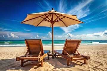Obraz premium Tranquil Beach Retreat with Lounge Chairs and Parasols