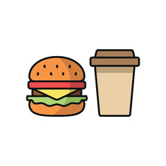 Drink and hamburger set icon represents fast food and casual dining, perfect for restaurant branding, menu designs, food delivery apps, and culinary-themed visuals.