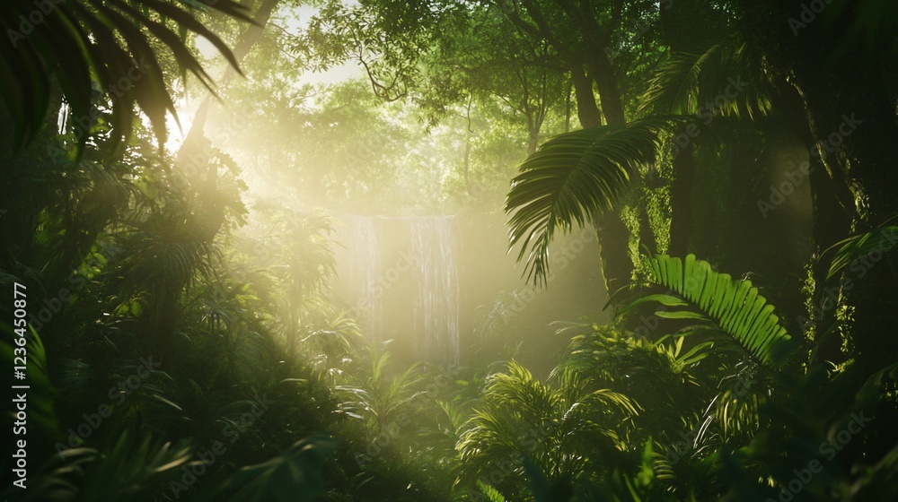 Poster sunlight filters through a dense tropical forest canopy illuminating a waterfall hidden within