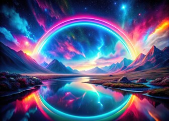 Abstract holographic photography: a colorful pink-blue landscape glows against a black background.