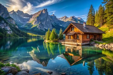 Fototapeta premium Tranquil Cottage Retreat by Serene Lake Amidst Majestic Mountains