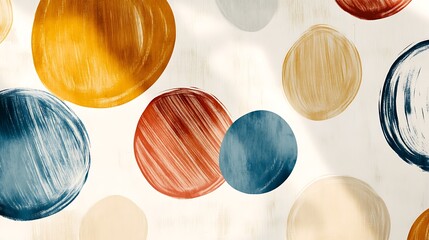 Abstract painted circles in warm earth tones on white background with shadow overlay.