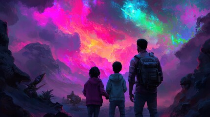 Children and Adult Exploring Colorful Fantasy Landscape at Dusk