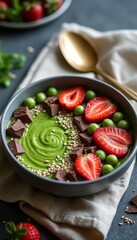 A vibrant green smoothie bowl is artfully adorned with luscious strawberries, rich chocolate pieces, and fresh green grapes, creating a feast for the eyes. This healthy and indulgent dish invites you