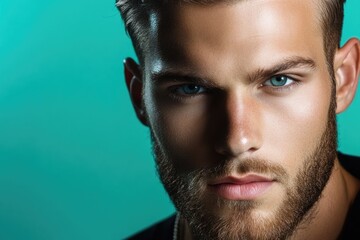 Obraz premium Stylish male model with a beard. High-definition portrait in vintage style, suitable for advertisements and fashion-related themes.