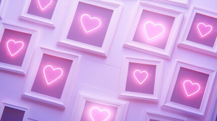Fototapeta premium Polaroid frame set featuring UV-reactive heart borders, glowing pink edges, and subtle romantic symbols, cut out on white