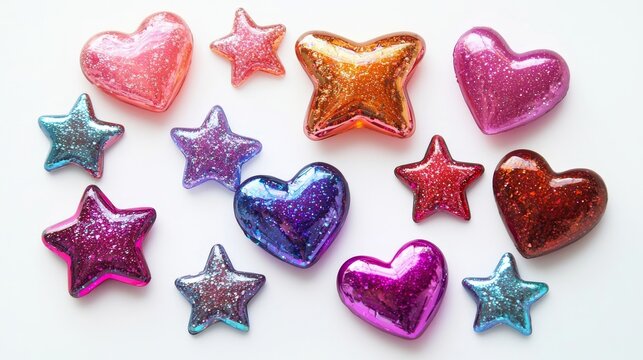 Assorted shimmering stars mixed with heart shapes in holographic textures, high-gloss finish, isolated on white