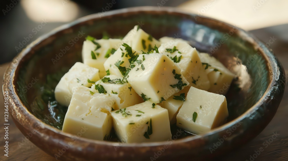 Poster close-up of cubed cheese with fresh parsley in a rustic bowl.