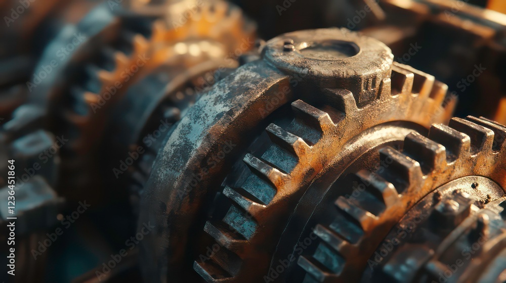 Poster close-up of rusty, interconnected gears, showing industrial machinery detail and texture.