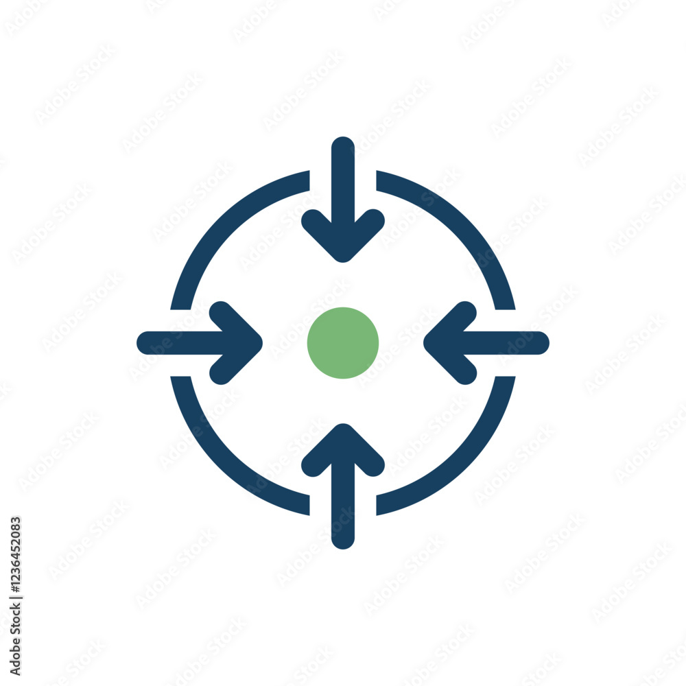 Poster a captivating vector icon representing strategy and direction, with arrows pointing inward to a cent