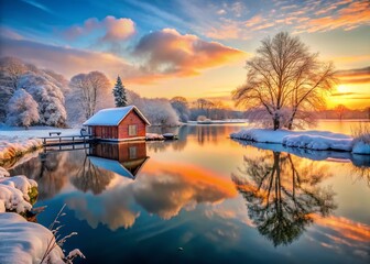 Fototapeta premium Tranquil Winter Landscape with Snowy Boathouse and Frosty Waterway