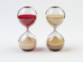 An artistic comparison of two hourglasses, one with red sand and the other with tan sand.
