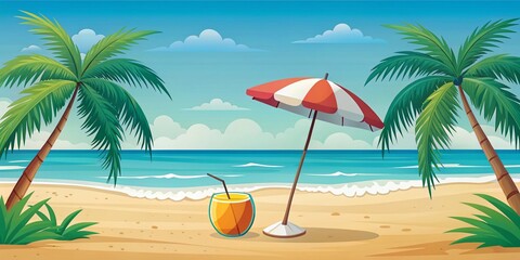 Obraz premium Tropical Beach Vacation with Umbrella and Cocktail