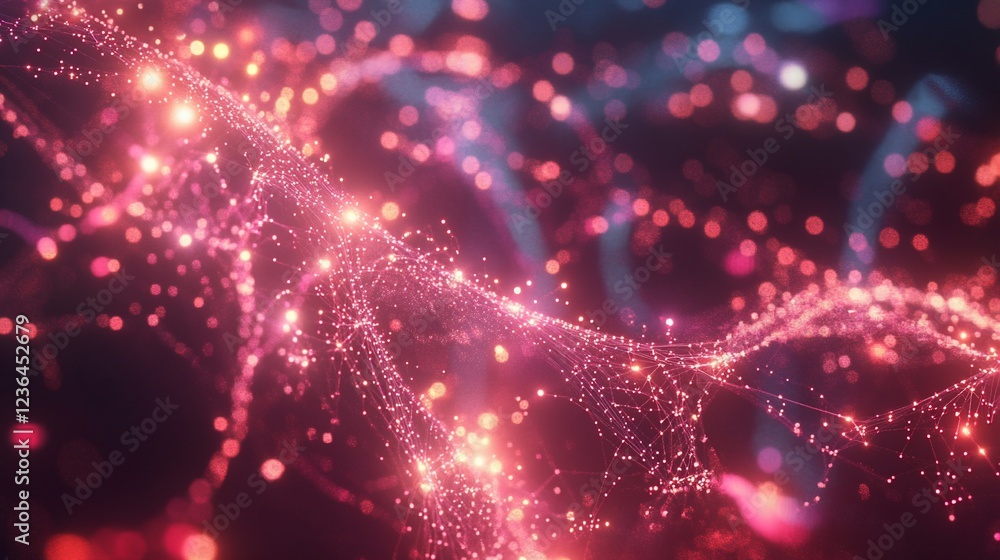 Poster abstract network of interconnected glowing nodes and blurry bokeh lights