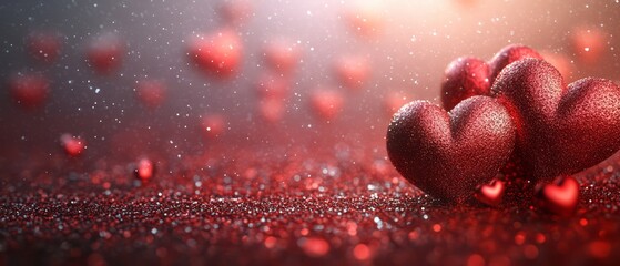 Sparkling Red Hearts On Glitter, Valentine'S Day Background.