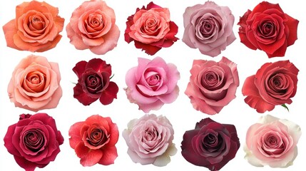 Close-up of different rose varieties with detailed textures, subtle gradient petals, cut out on a crisp white background, high detail