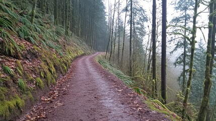 Obraz premium Misty forest trail curving downhill, Pacific Northwest, hiking