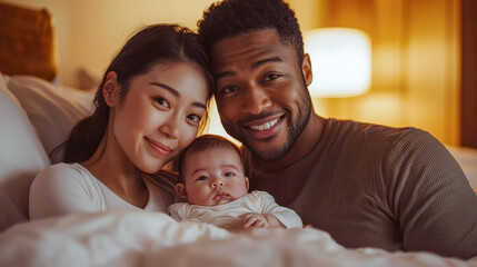 Fototapeta premium A couple cuddling with their baby in bed, exuding warmth and happiness in a cozy evening setting