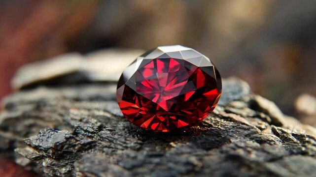 Deep red garnet gemstone rests on dark wood, showcasing its rich color and facets.  Close-up view highlights intricate details