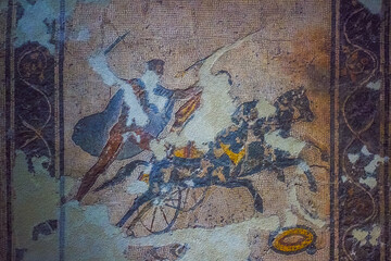 Naples, Italy - November 18, 2024: Fragment of historical ancient Roman mosaic circa 100 BC ....