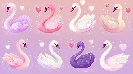 Set of cartoon-style Valentines swans with heart motifs and glowing pastel colors, perfect for cute and romantic designs