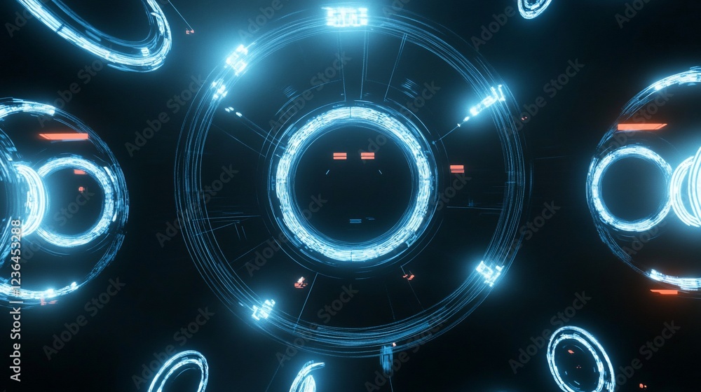Poster abstract glowing circles and lines on dark background futuristic design