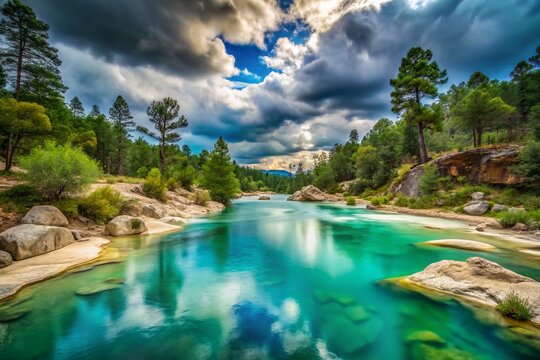 Turquoise River of Water with Sulfur and Forest in Basaseachi Chihuahua