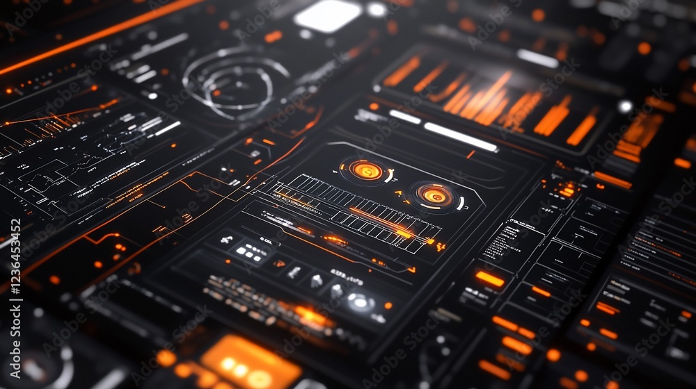 Poster futuristic control panel with glowing orange lines and data displays, abstract tech interface